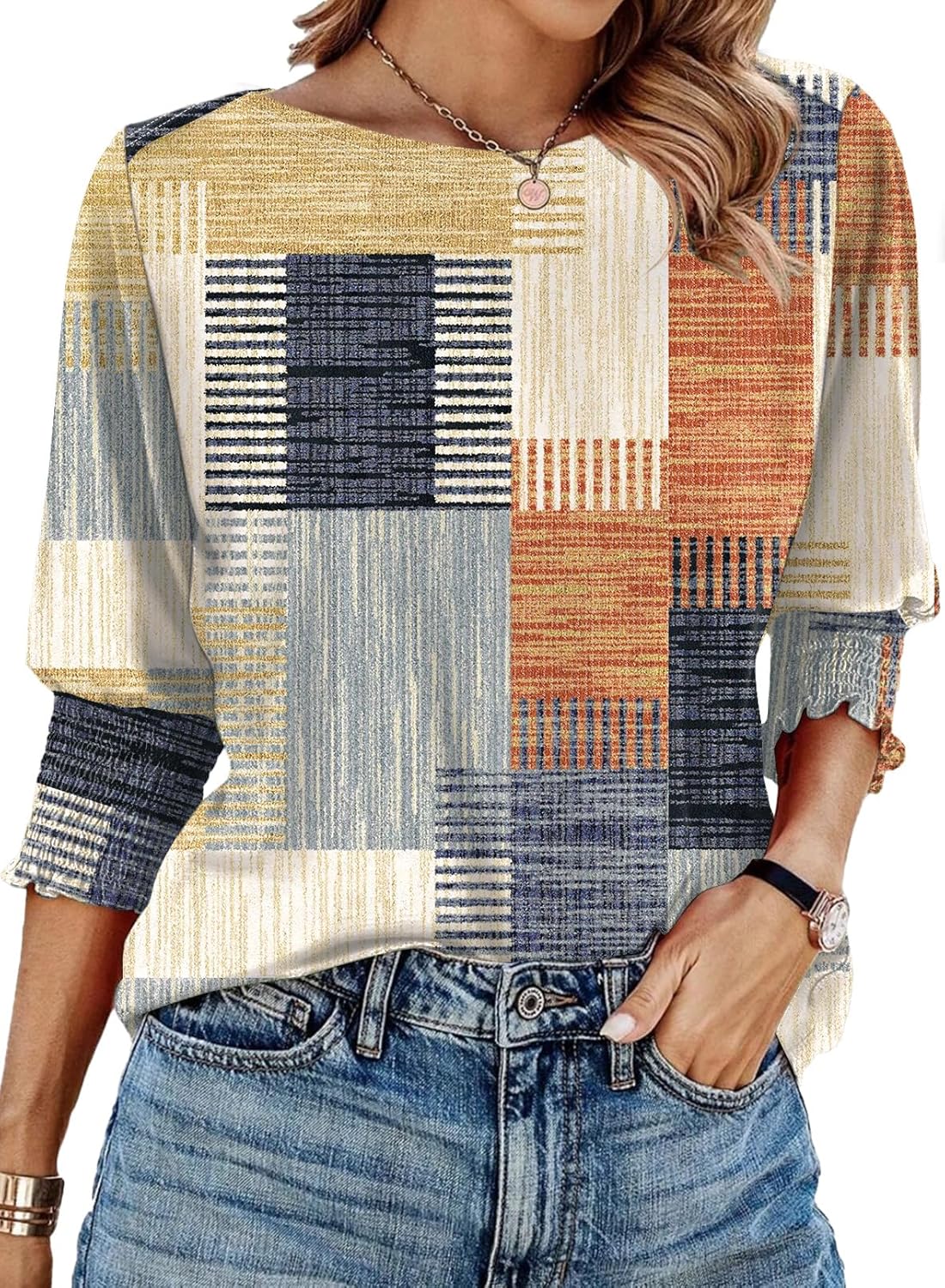 IECCP 3/4 Length Sleeve Womens Tops Summer 2025 Fashion Trendy Boat Crew Neck Smocked Work Dressy Casual T Shirt Blouses
