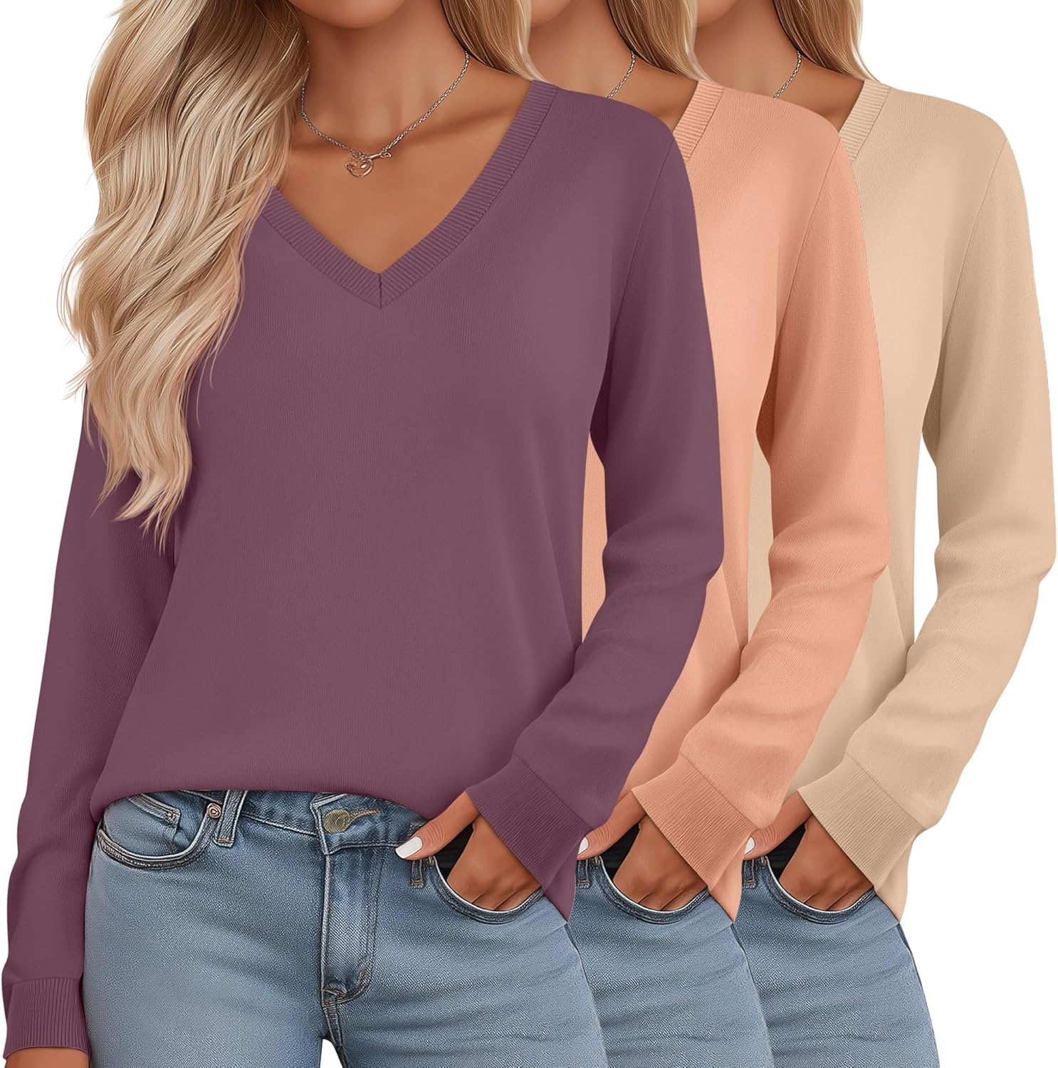 Riyiper 3 Pack Women's V Neck Sweater, Long Sleeve Lightweight Tops Casual Solid Color Pullover Loose Knit Classic Sweaters