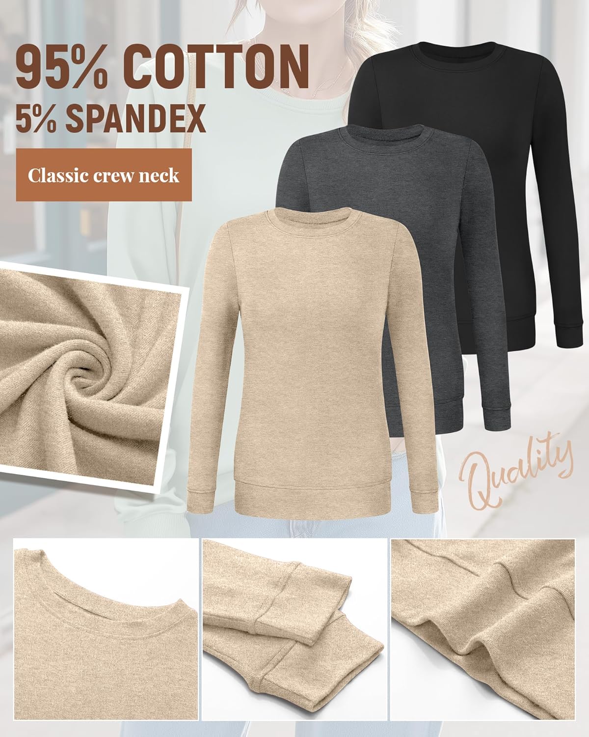 Riyiper 3 Pack Women's Long Sleeve Sweatshirts, Crew Neck Pullover Shirts Loose Casual Lightweight Fall Tops 2025 Trendy