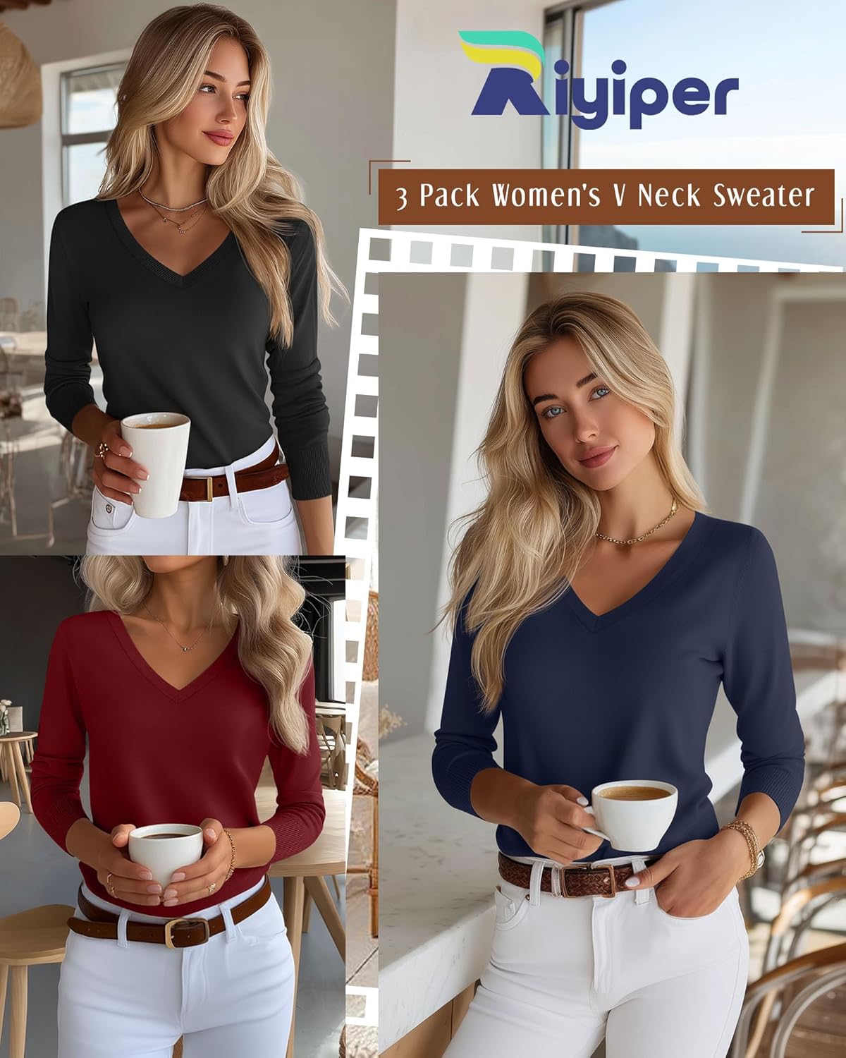 Riyiper 3 Pack Women's V Neck Sweater, Long Sleeve Lightweight Tops Casual Solid Color Pullover Loose Knit Classic Sweaters