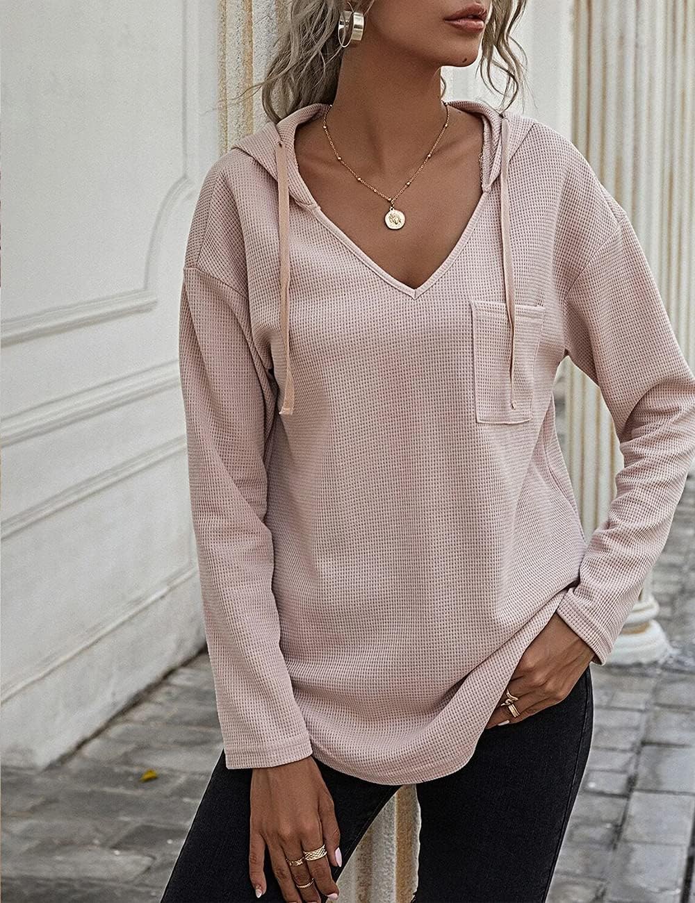 Women's V Neck Hoodies Long Sleeve Sweatshirt Drawstring Pullover Tops with Pocket