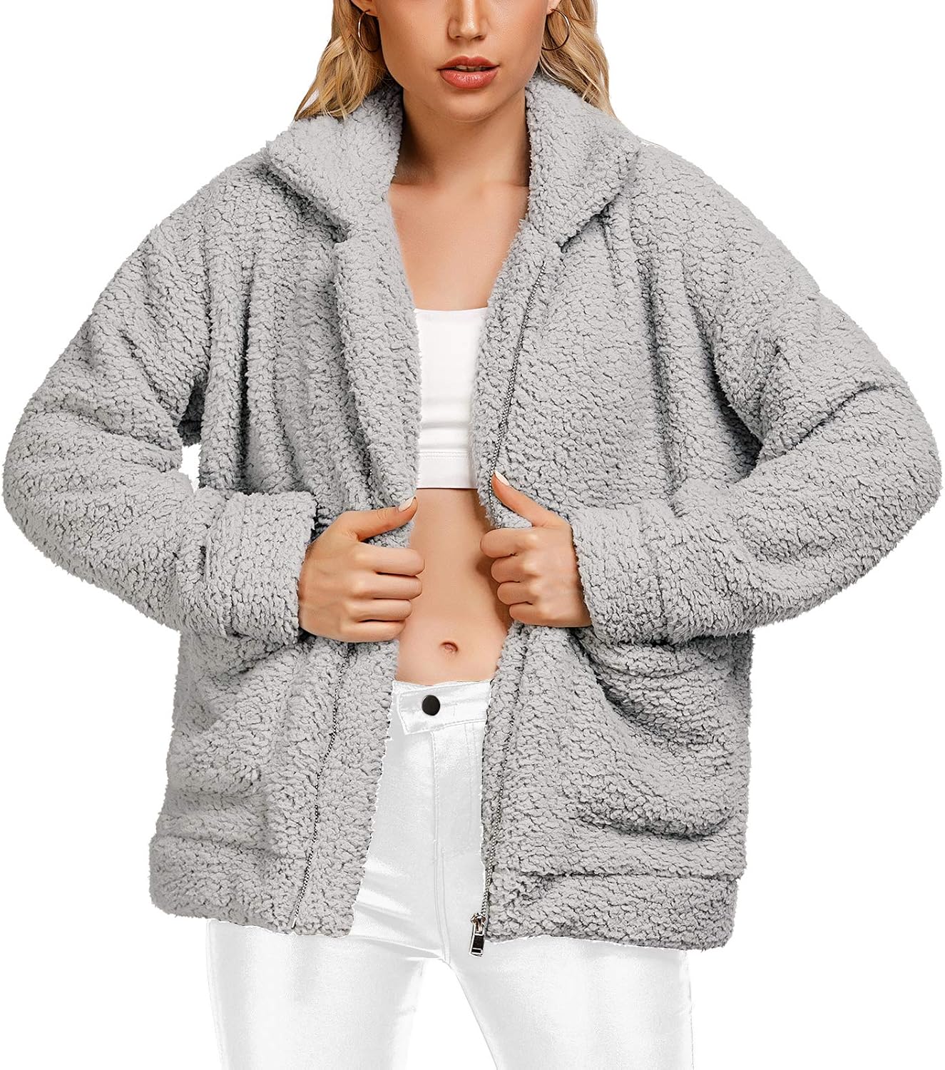 Comeon Women's Coat Casual Lapel Fleece Fuzzy Faux Shearling Zipper Coats Warm Winter Oversized Outwear Jackets