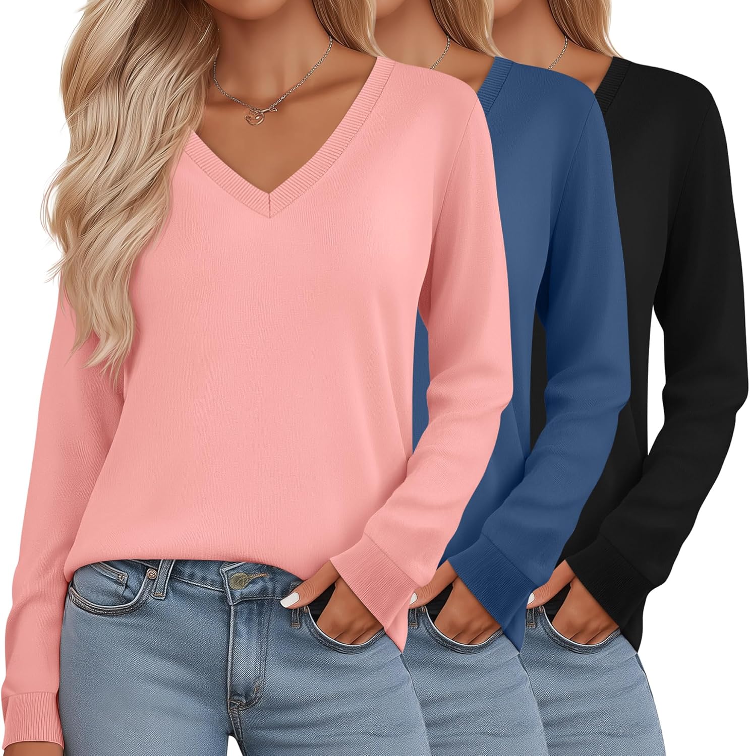 Riyiper 3 Pack Women's V Neck Sweater, Long Sleeve Lightweight Tops Casual Solid Color Pullover Loose Knit Classic Sweaters