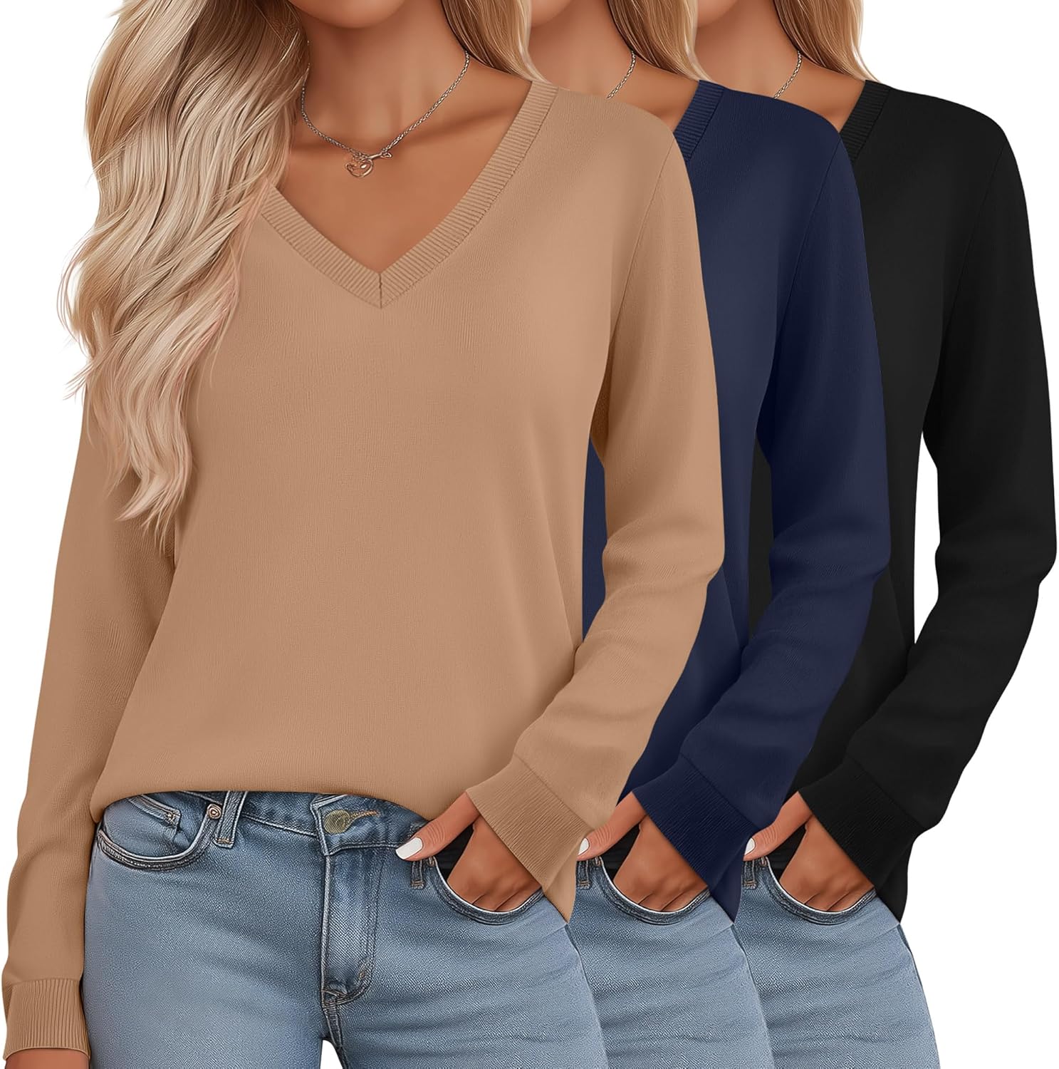Riyiper 3 Pack Women's V Neck Sweater, Long Sleeve Lightweight Tops Casual Solid Color Pullover Loose Knit Classic Sweaters