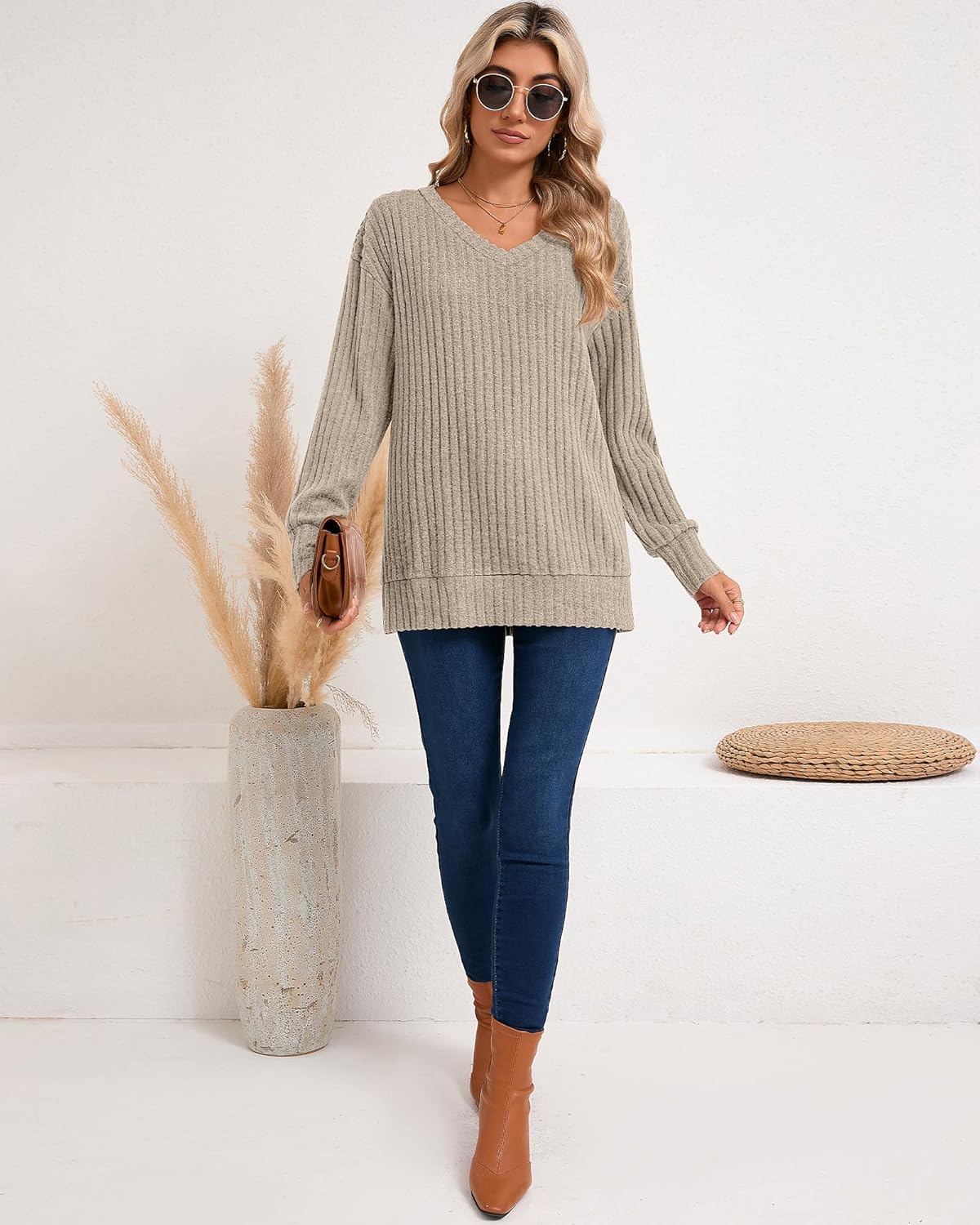 Ficerd 2 Pack Women's Long Sleeve Sweaters, Lightweight V Neck Tops Loose Pullover Sweaters Causal Tunictops 2025 Trendy