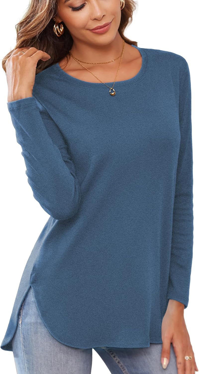 Herou Women's Casual Long Sleeve T Shirt Crewneck With Side Split Fall Pullover Loose Tunic Sweater Tops