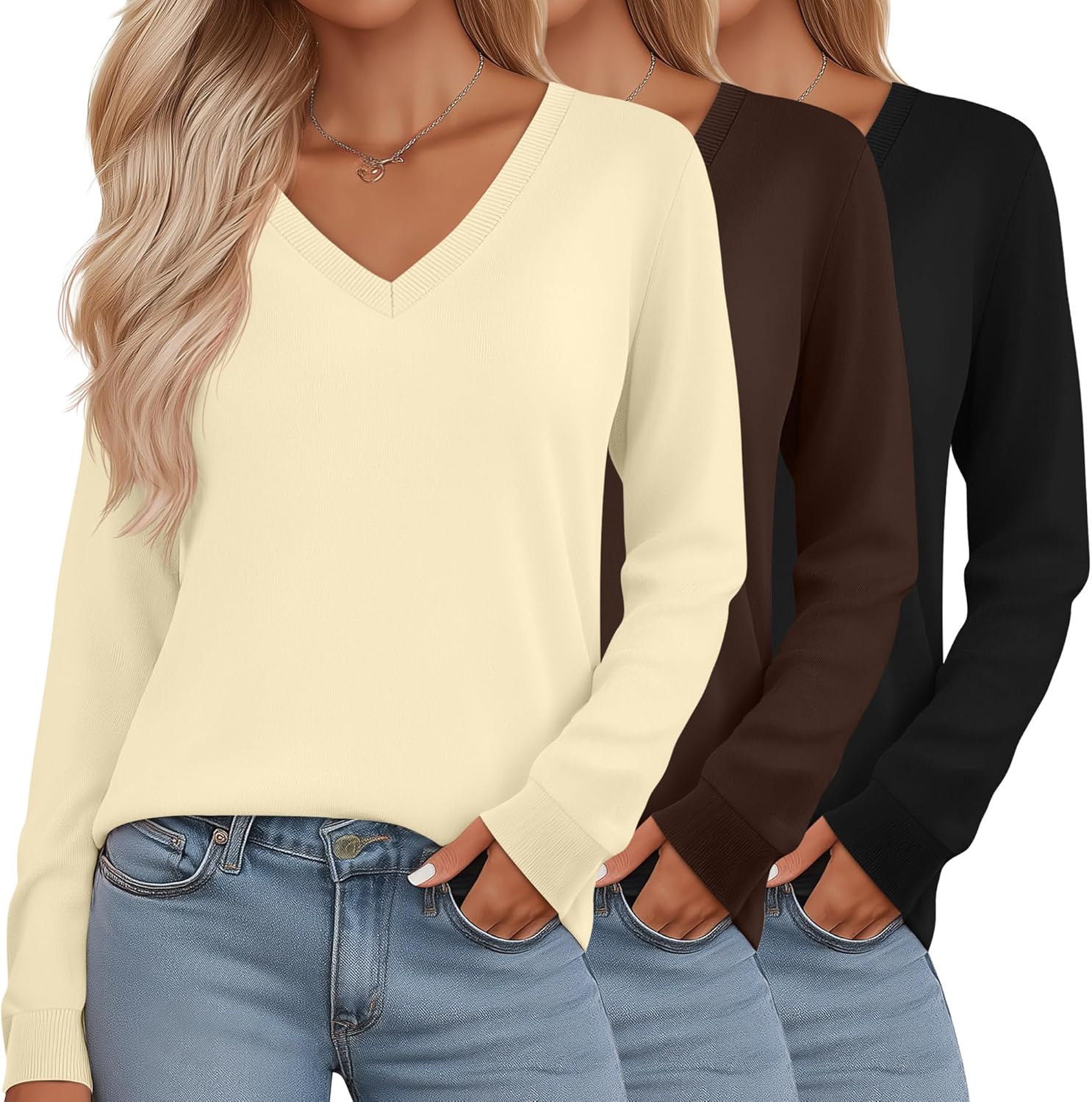 Riyiper 3 Pack Women's V Neck Sweater, Long Sleeve Lightweight Tops Casual Solid Color Pullover Loose Knit Classic Sweaters