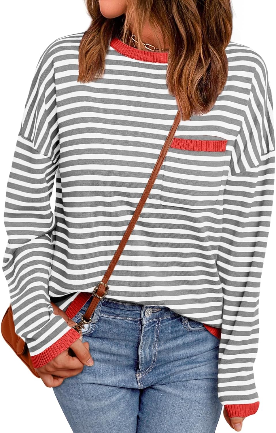 LILLUSORY Womens Striped Soft Knit Pullover Sweater Loose Fit Shirts with Chest Pocket