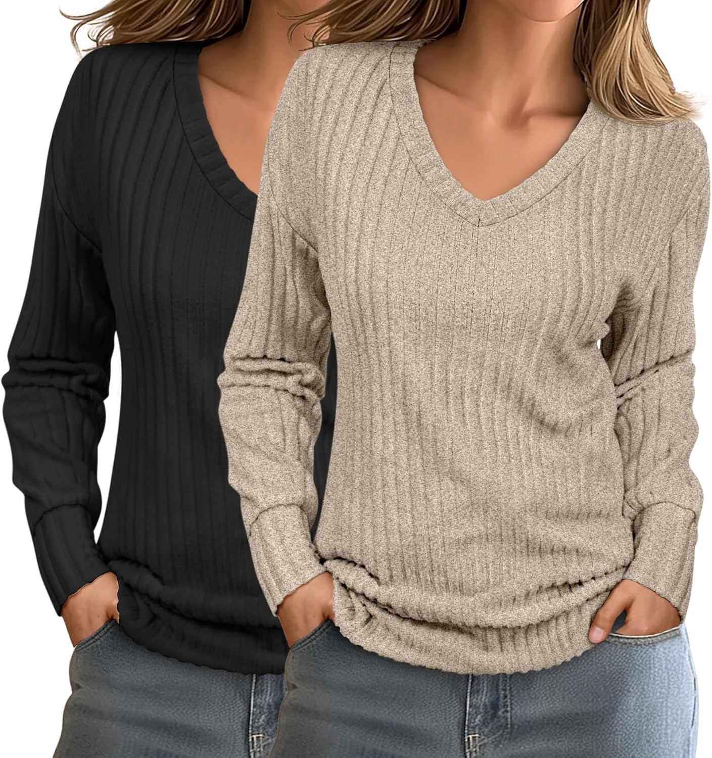 Ficerd 2 Pack Women's Long Sleeve Sweaters, Lightweight V Neck Tops Loose Pullover Sweaters Causal Tunictops 2025 Trendy