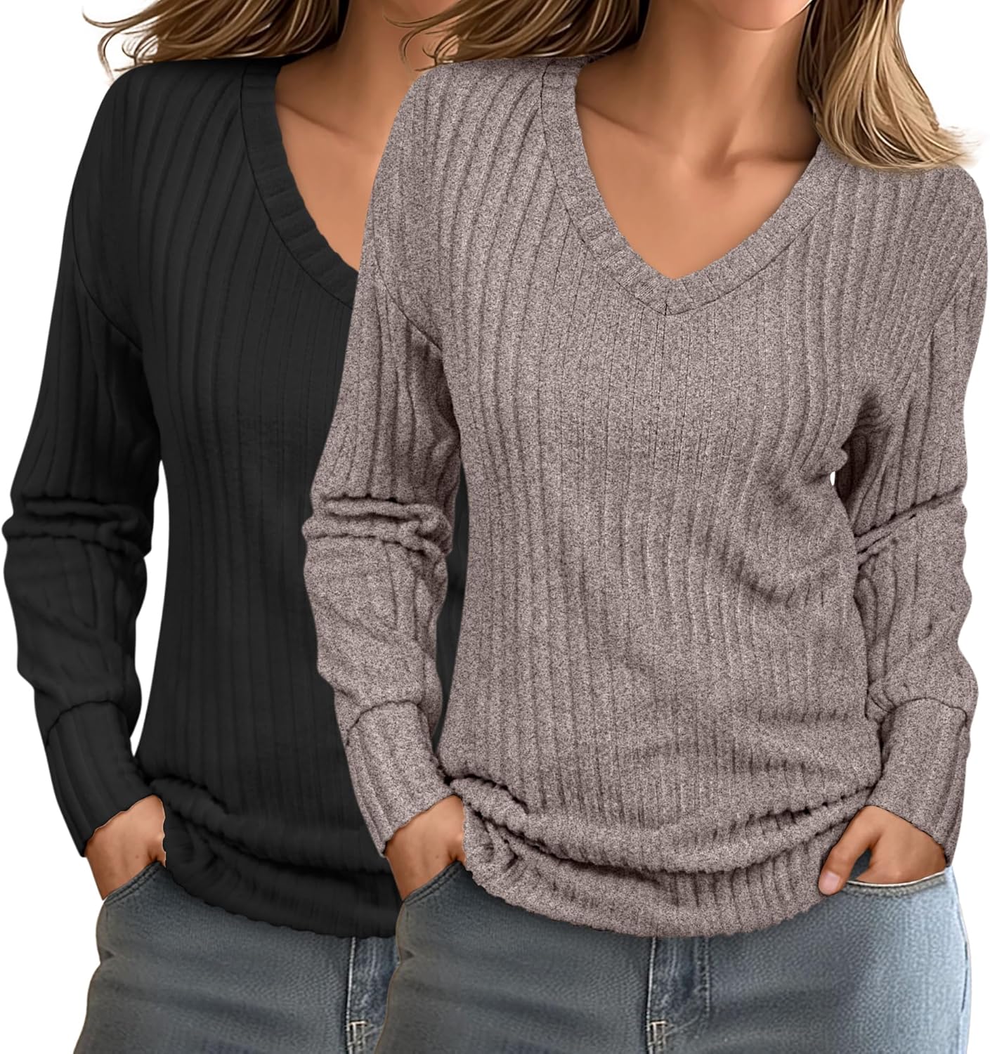 Ficerd 2 Pack Women's Long Sleeve Sweaters, Lightweight V Neck Tops Loose Pullover Sweaters Causal Tunictops 2025 Trendy