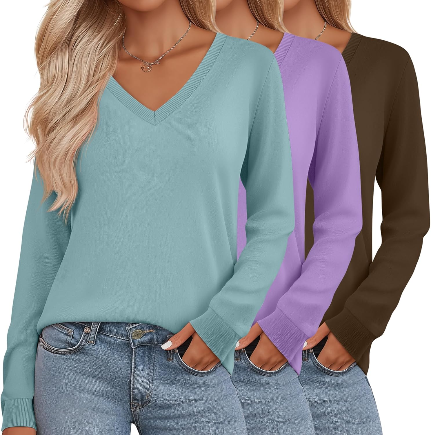 Riyiper 3 Pack Women's V Neck Sweater, Long Sleeve Lightweight Tops Casual Solid Color Pullover Loose Knit Classic Sweaters