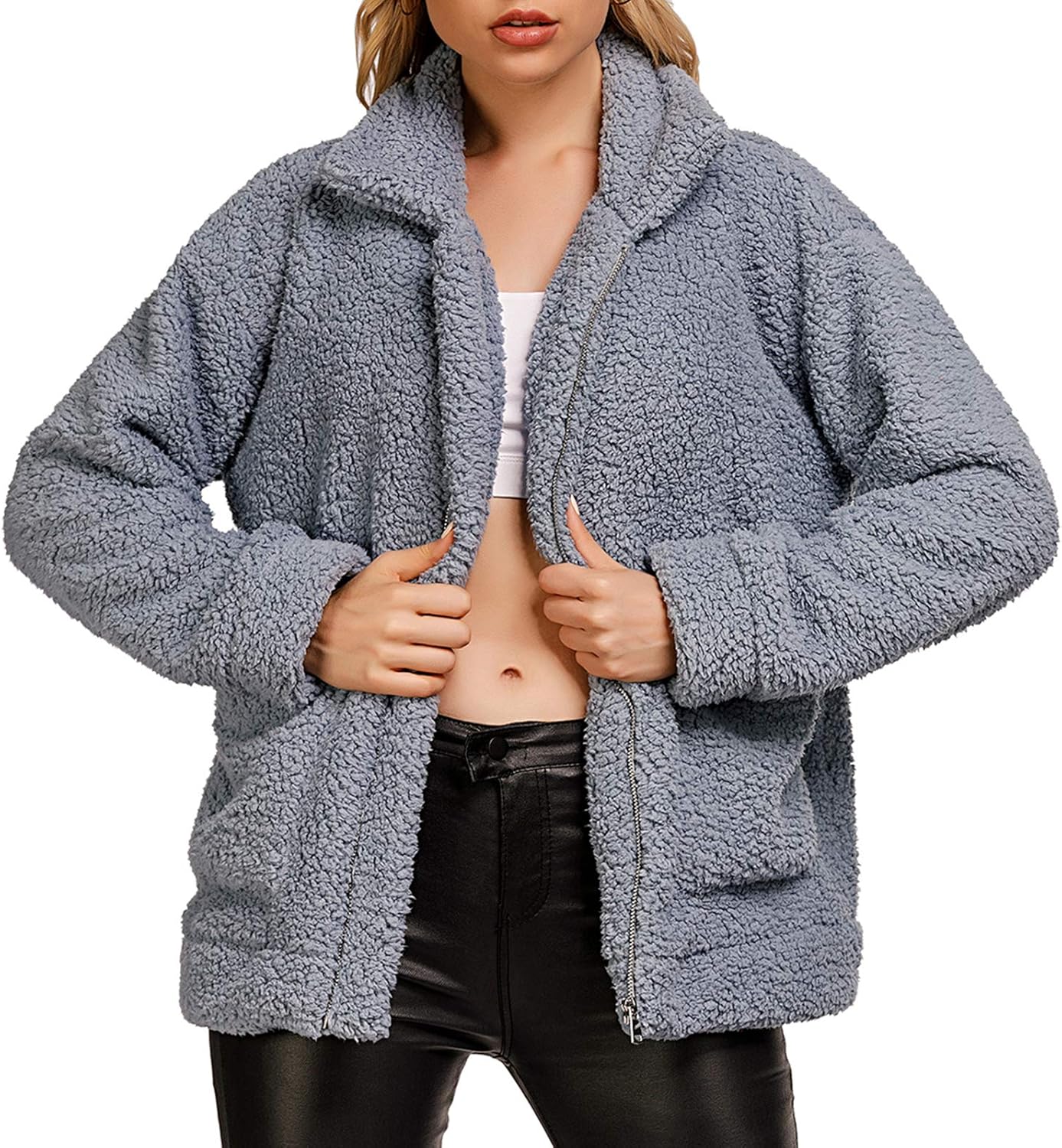 Comeon Women's Coat Casual Lapel Fleece Fuzzy Faux Shearling Zipper Coats Warm Winter Oversized Outwear Jackets