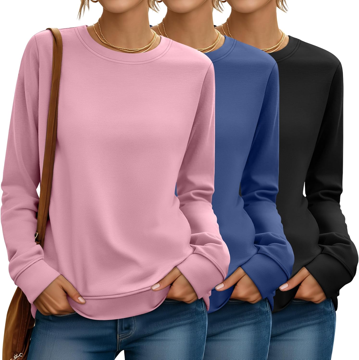 Riyiper 3 Pack Women's Long Sleeve Sweatshirts, Crew Neck Pullover Shirts Loose Casual Lightweight Fall Tops 2025 Trendy