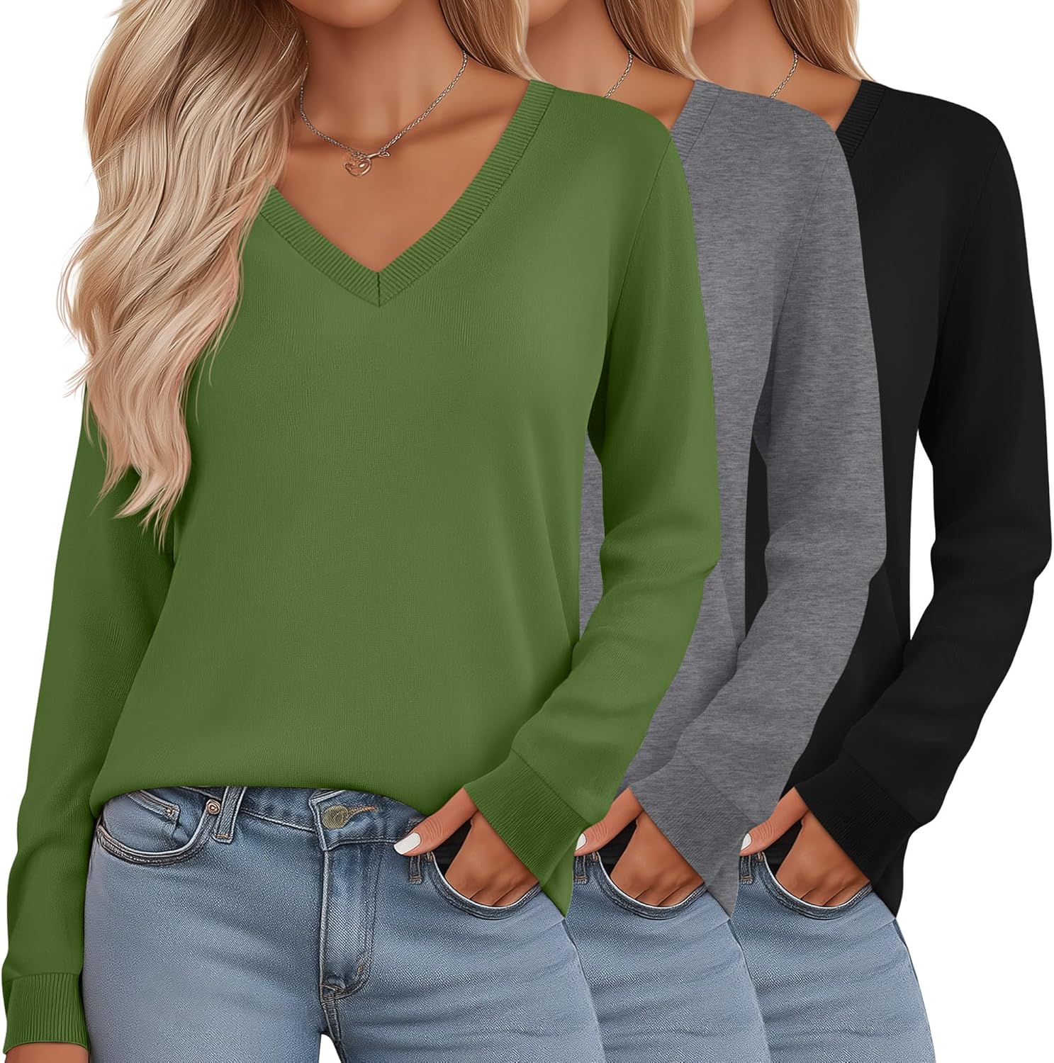 Riyiper 3 Pack Women's V Neck Sweater, Long Sleeve Lightweight Tops Casual Solid Color Pullover Loose Knit Classic Sweaters