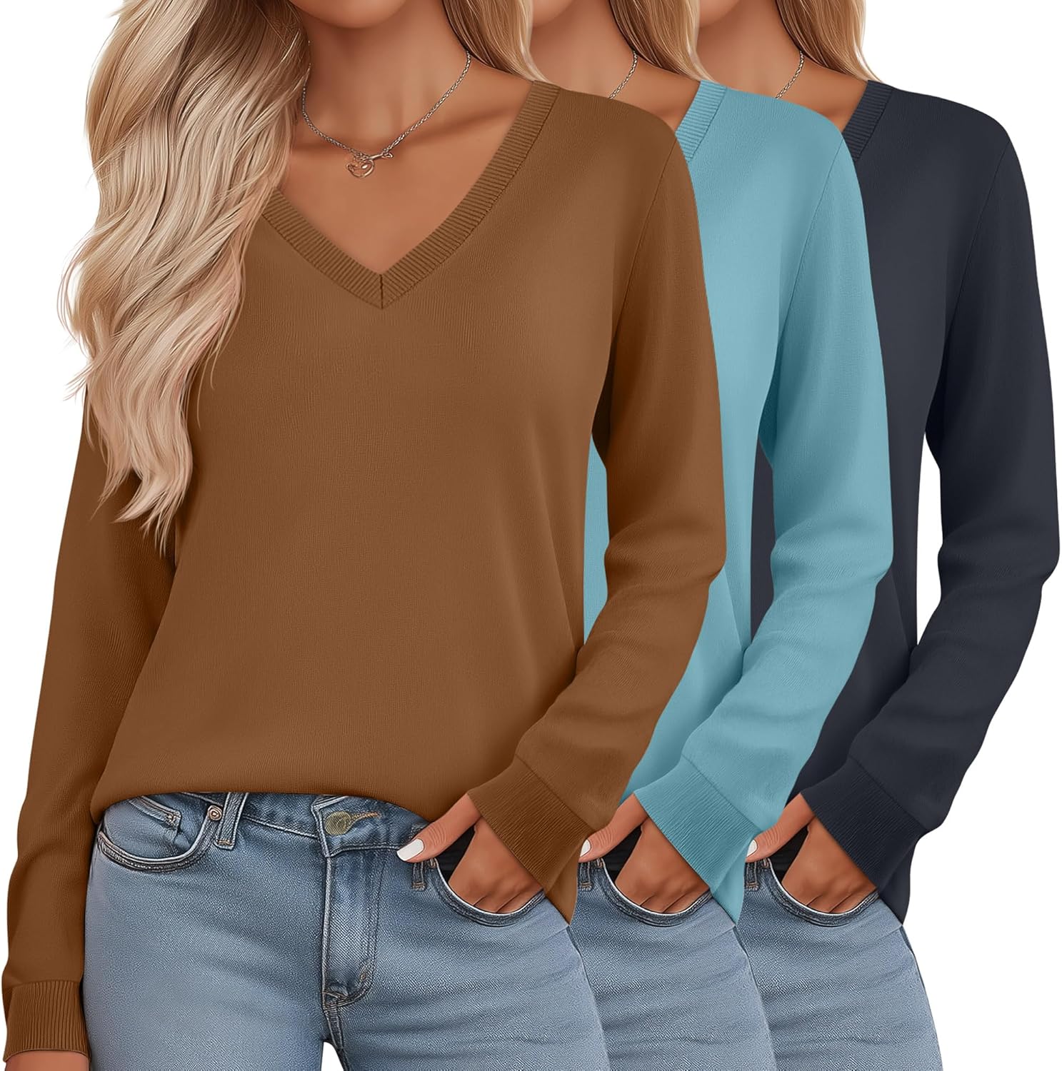 Riyiper 3 Pack Women's V Neck Sweater, Long Sleeve Lightweight Tops Casual Solid Color Pullover Loose Knit Classic Sweaters