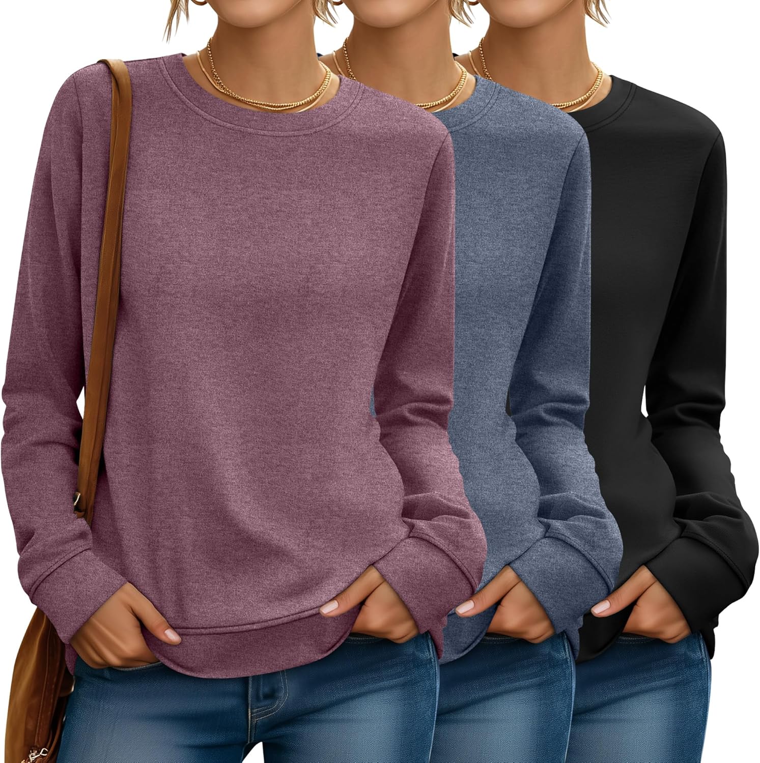 Riyiper 3 Pack Women's Long Sleeve Sweatshirts, Crew Neck Pullover Shirts Loose Casual Lightweight Fall Tops 2025 Trendy