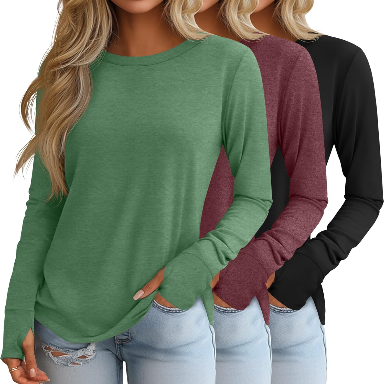 Huukeay 3 Pack Women's Long Sleeve Shirts with Thumb Holes, Cotton Casual Crew Neck Tunic Tops Fall Loose Y2k Trendy Outfits