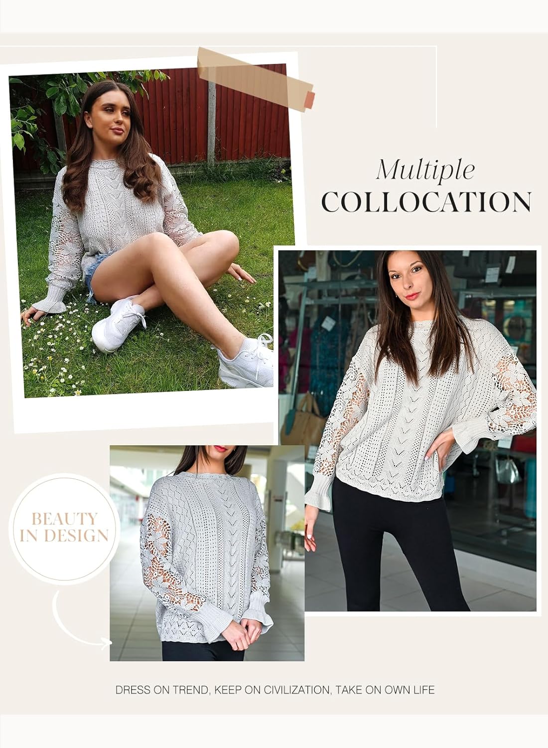 Dokotoo Womens Crewneck Crochet Lace Long Sleeve Hollow Out Cable Knit Sweaters Pullover Tops