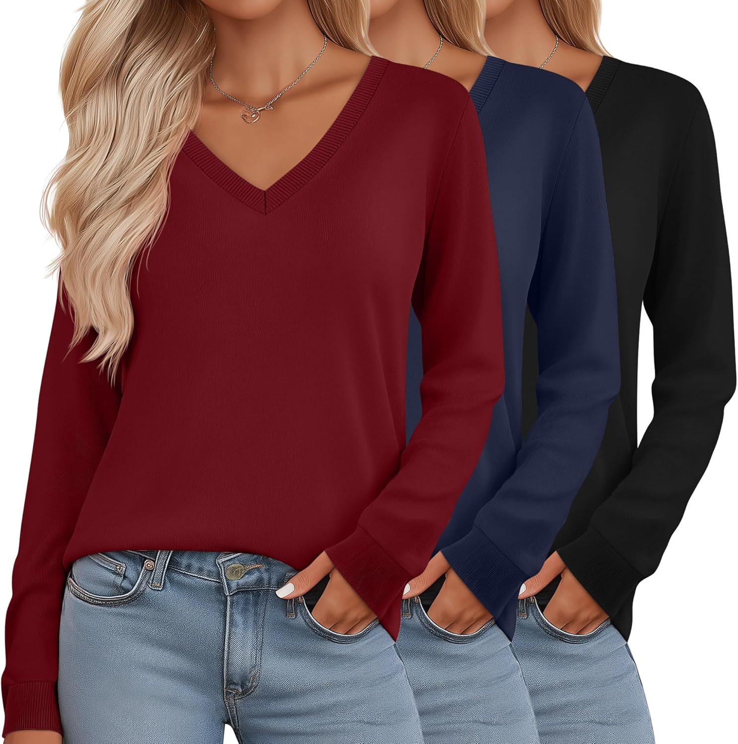 Riyiper 3 Pack Women's V Neck Sweater, Long Sleeve Lightweight Tops Casual Solid Color Pullover Loose Knit Classic Sweaters