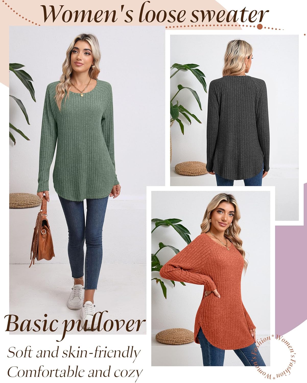 Ficerd 3 Pack Women's Curved Hem Long Sleeve Sweaters, Side Split Crew Neck Tunic Tops Loose Fit Shirts Basic Pullover