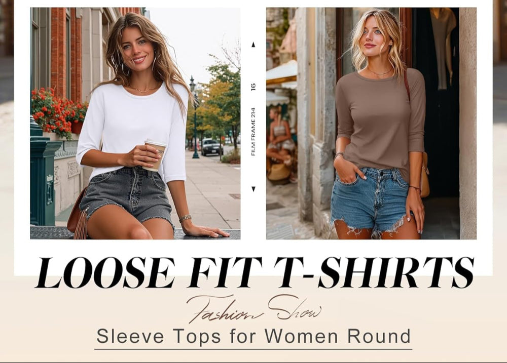 Ficerd 3 Pack 3/4 Sleeve Tops for Women Round Neck Dressy Basics Tees Casual Trendy Loose Fit T Shirts