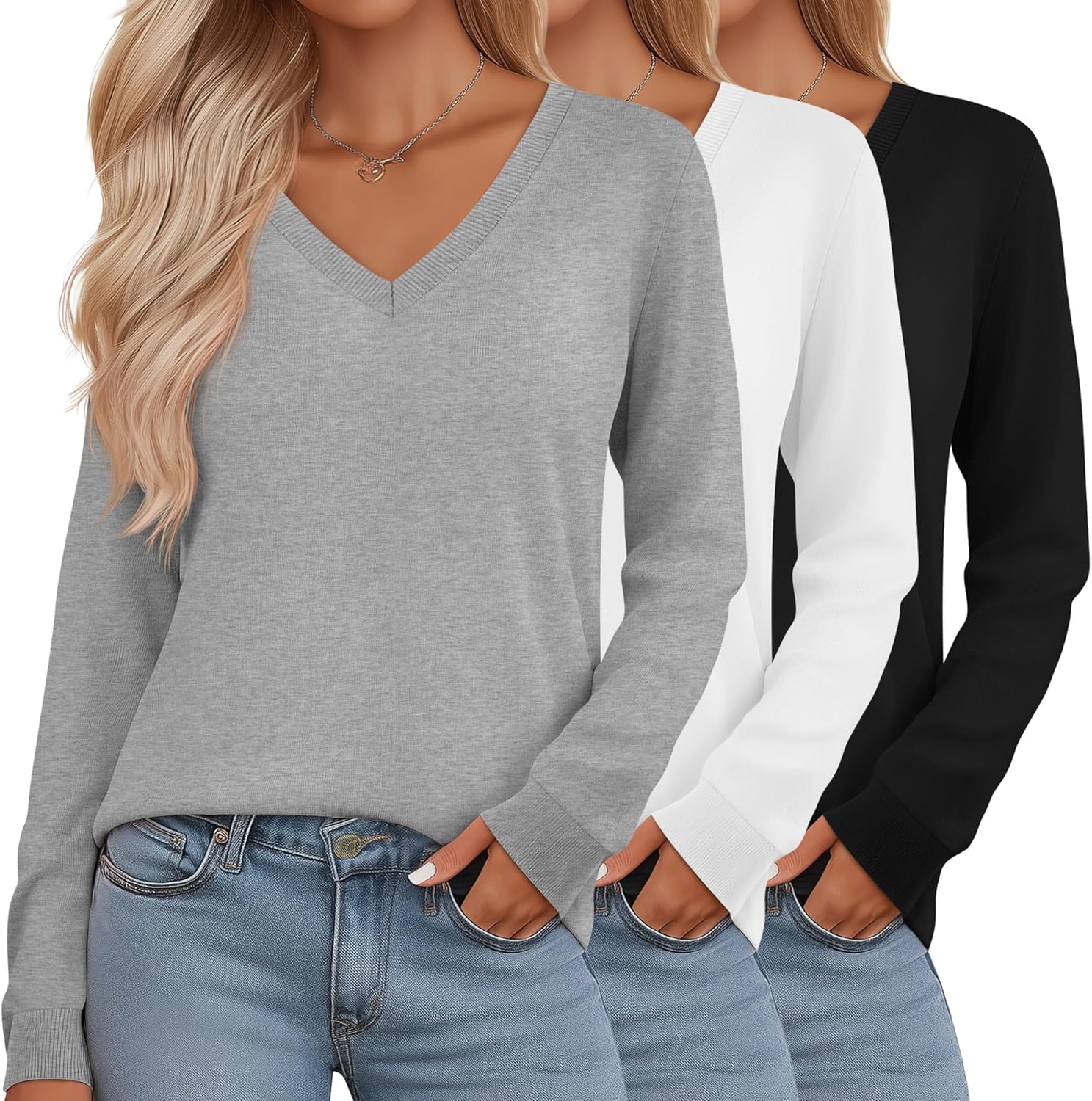 Riyiper 3 Pack Women's V Neck Sweater, Long Sleeve Lightweight Tops Casual Solid Color Pullover Loose Knit Classic Sweaters