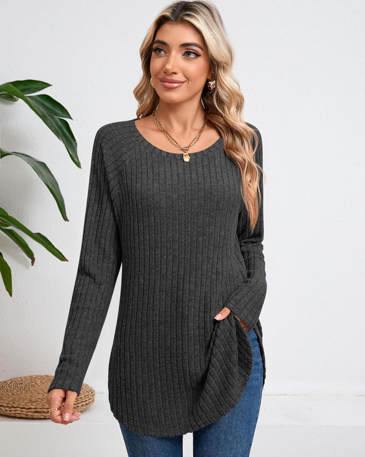 Ficerd 3 Pack Women's Curved Hem Long Sleeve Sweaters, Side Split Crew Neck Tunic Tops Loose Fit Shirts Basic Pullover
