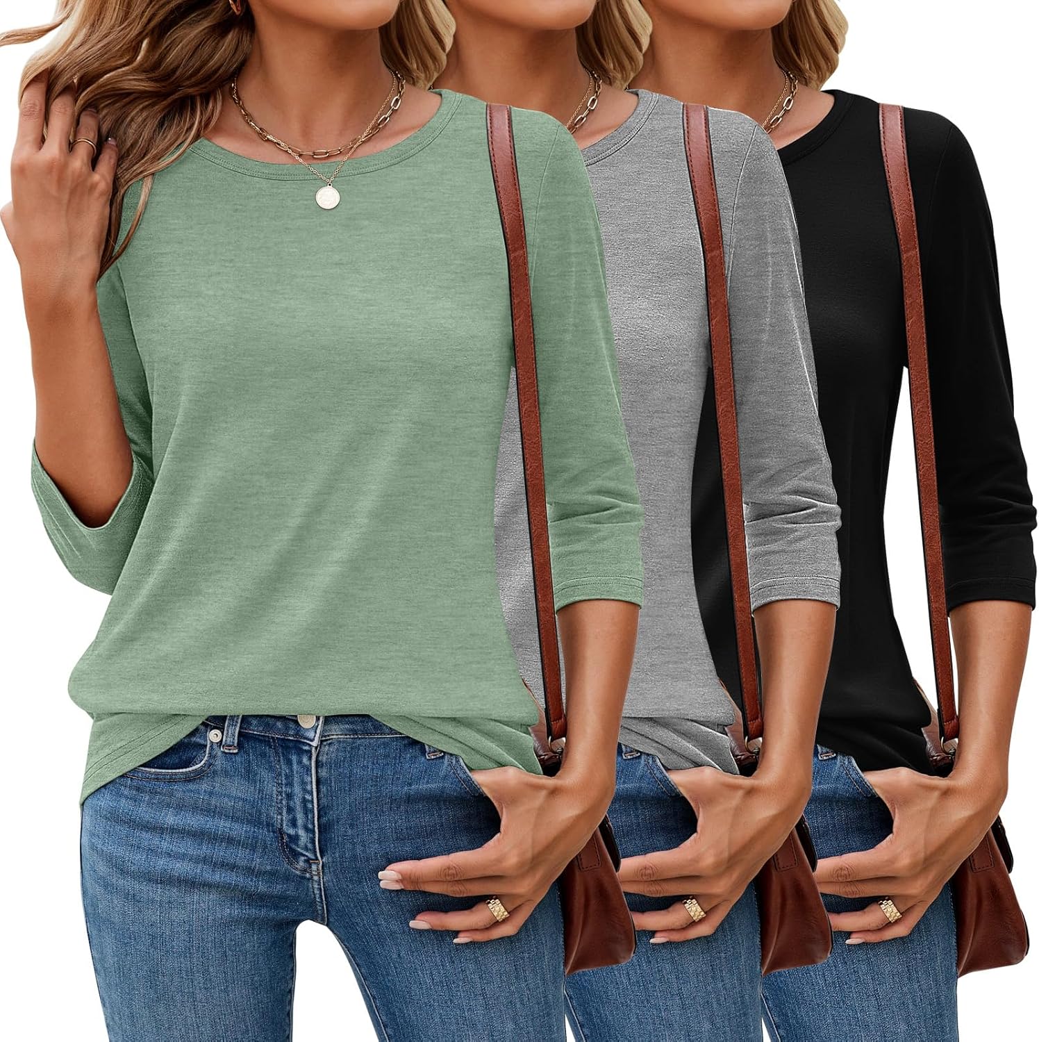 Ficerd 3 Pack 3/4 Sleeve Tops for Women Round Neck Dressy Basics Tees Casual Trendy Loose Fit T Shirts