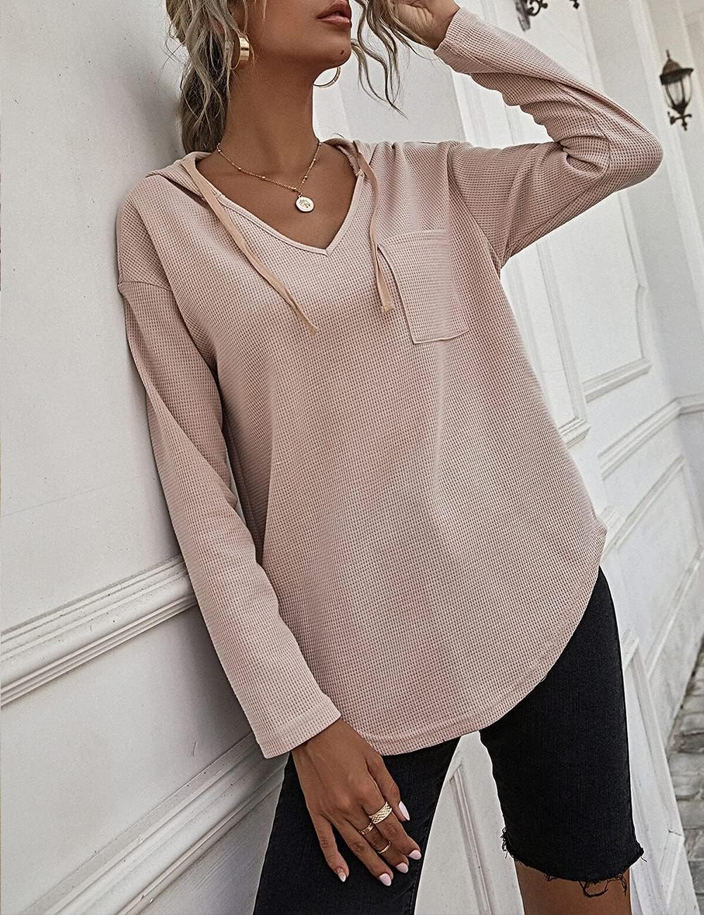 Women's V Neck Hoodies Long Sleeve Sweatshirt Drawstring Pullover Tops with Pocket