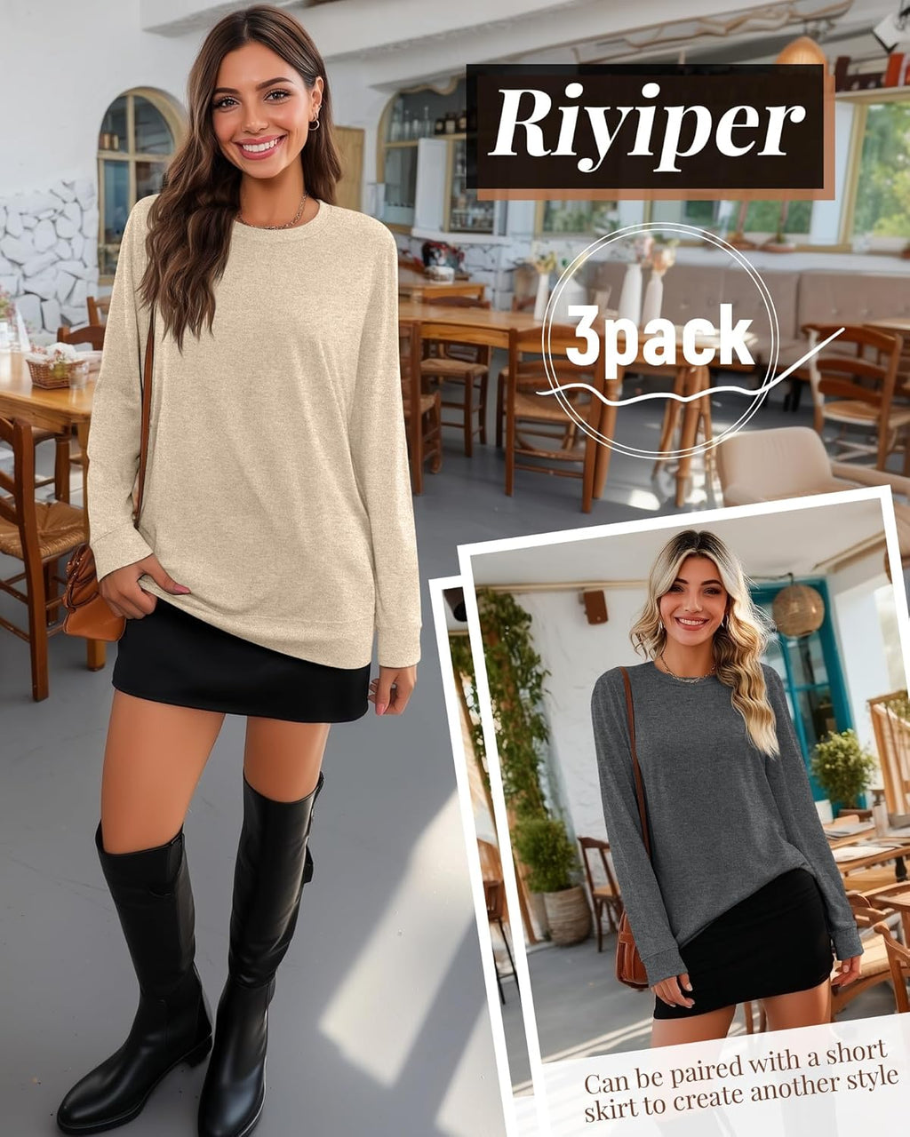Riyiper 3 Pack Women's Long Sleeve Sweatshirts, Crew Neck Pullover Shirts Loose Casual Lightweight Fall Tops 2025 Trendy