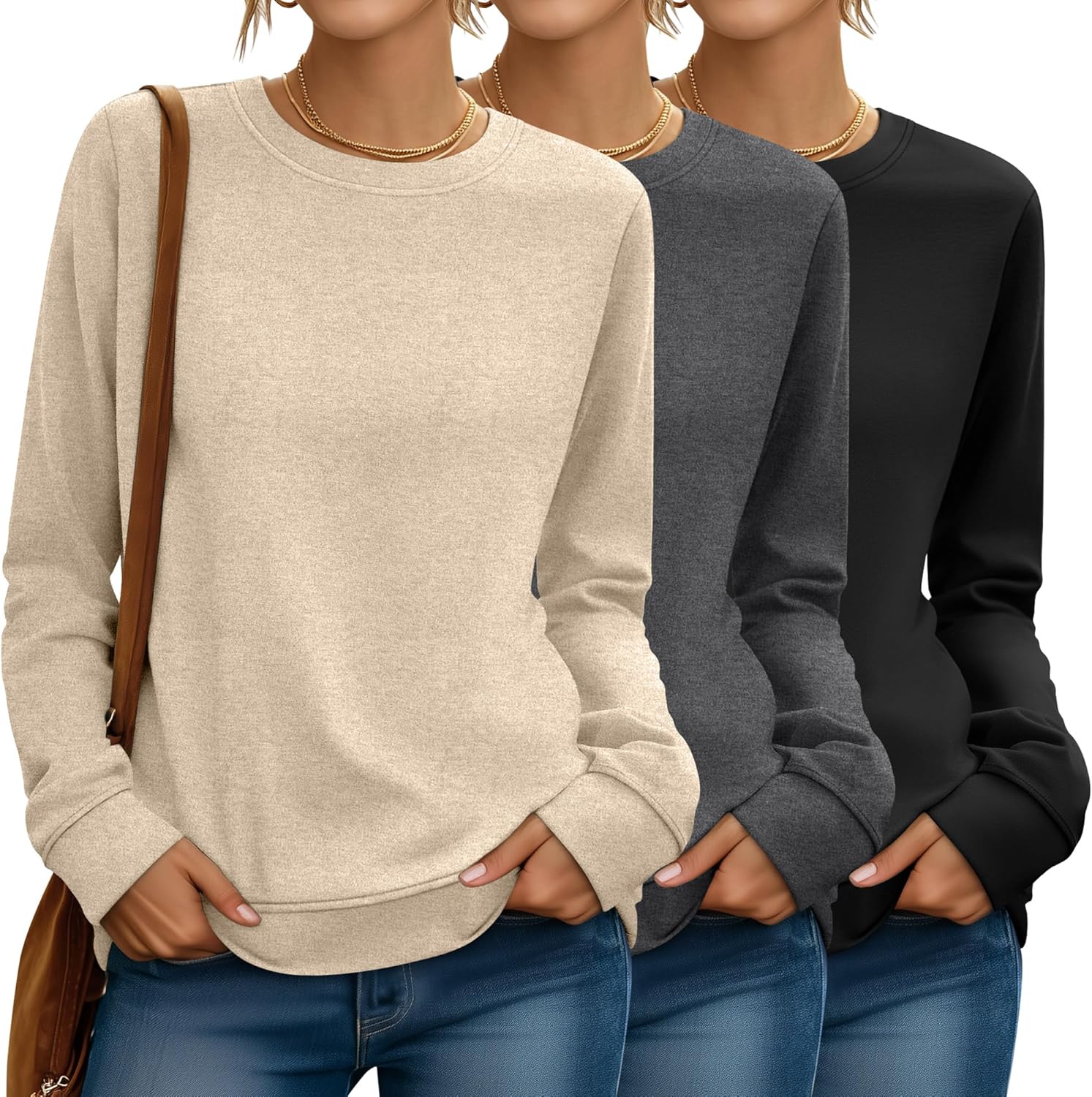 Riyiper 3 Pack Women's Long Sleeve Sweatshirts, Crew Neck Pullover Shirts Loose Casual Lightweight Fall Tops 2025 Trendy