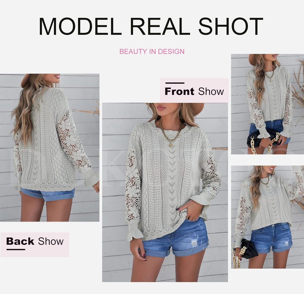 Dokotoo Womens Crewneck Crochet Lace Long Sleeve Hollow Out Cable Knit Sweaters Pullover Tops