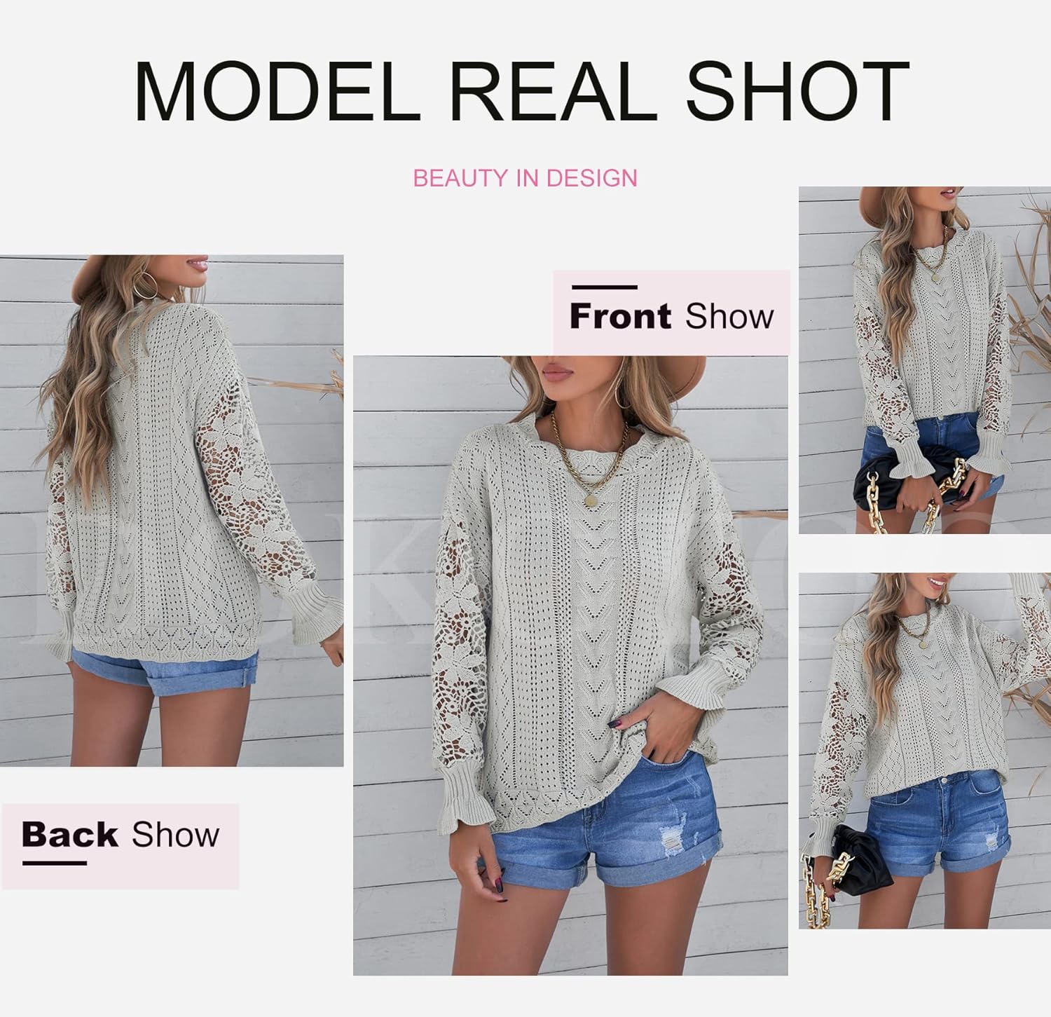 Dokotoo Womens Crewneck Crochet Lace Long Sleeve Hollow Out Cable Knit Sweaters Pullover Tops