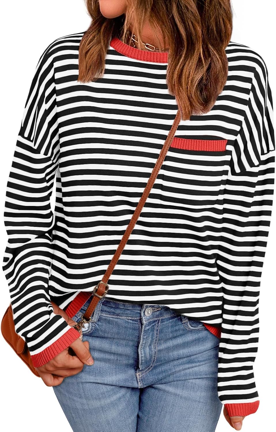 LILLUSORY Womens Striped Soft Knit Pullover Sweater Loose Fit Shirts with Chest Pocket