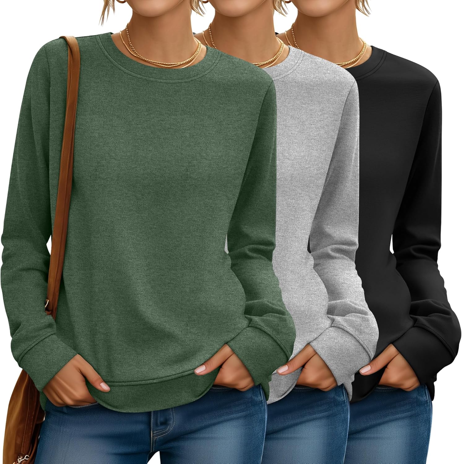 Riyiper 3 Pack Women's Long Sleeve Sweatshirts, Crew Neck Pullover Shirts Loose Casual Lightweight Fall Tops 2025 Trendy