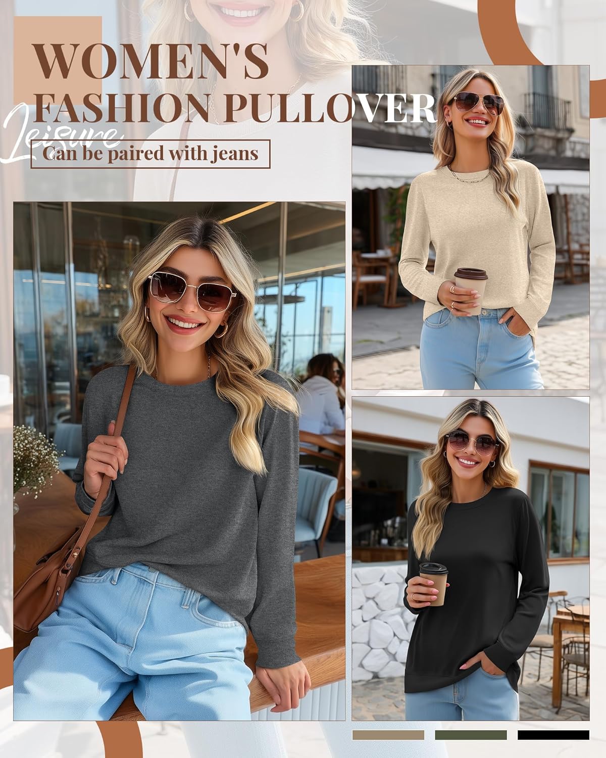 Riyiper 3 Pack Women's Long Sleeve Sweatshirts, Crew Neck Pullover Shirts Loose Casual Lightweight Fall Tops 2025 Trendy