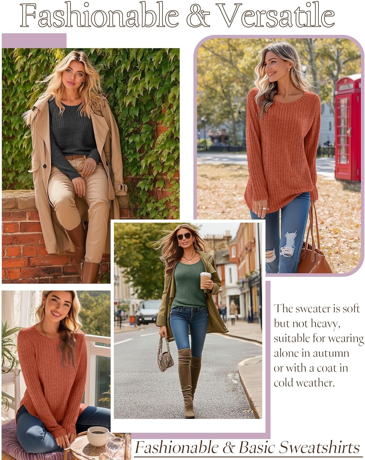 Ficerd 3 Pack Women's Curved Hem Long Sleeve Sweaters, Side Split Crew Neck Tunic Tops Loose Fit Shirts Basic Pullover