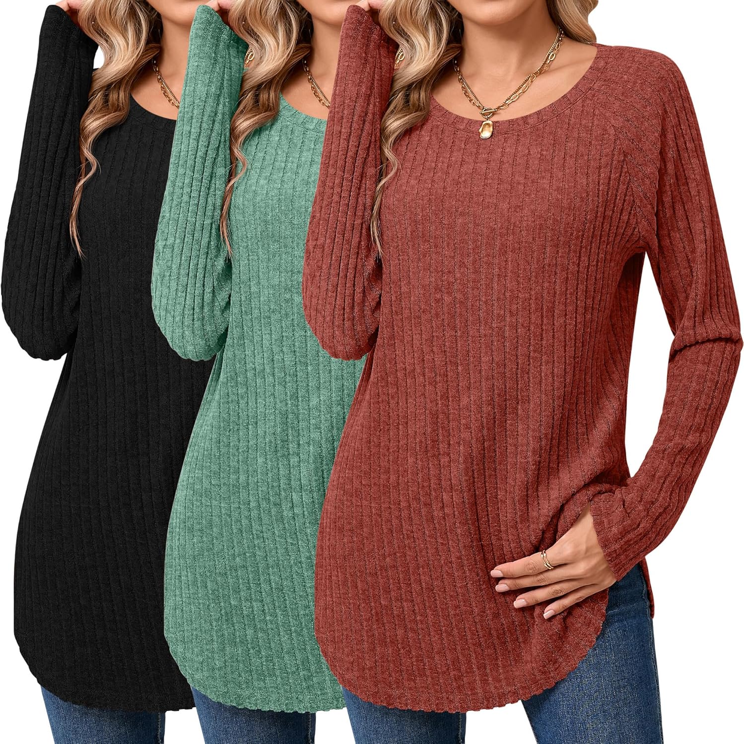 Ficerd 3 Pack Women's Curved Hem Long Sleeve Sweaters, Side Split Crew Neck Tunic Tops Loose Fit Shirts Basic Pullover