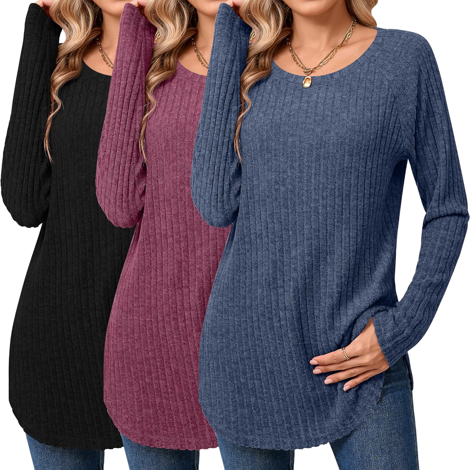 Ficerd 3 Pack Women's Curved Hem Long Sleeve Sweaters, Side Split Crew Neck Tunic Tops Loose Fit Shirts Basic Pullover