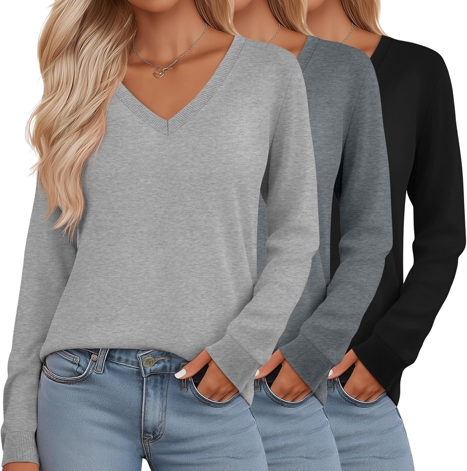 Riyiper 3 Pack Women's V Neck Sweater, Long Sleeve Lightweight Tops Casual Solid Color Pullover Loose Knit Classic Sweaters