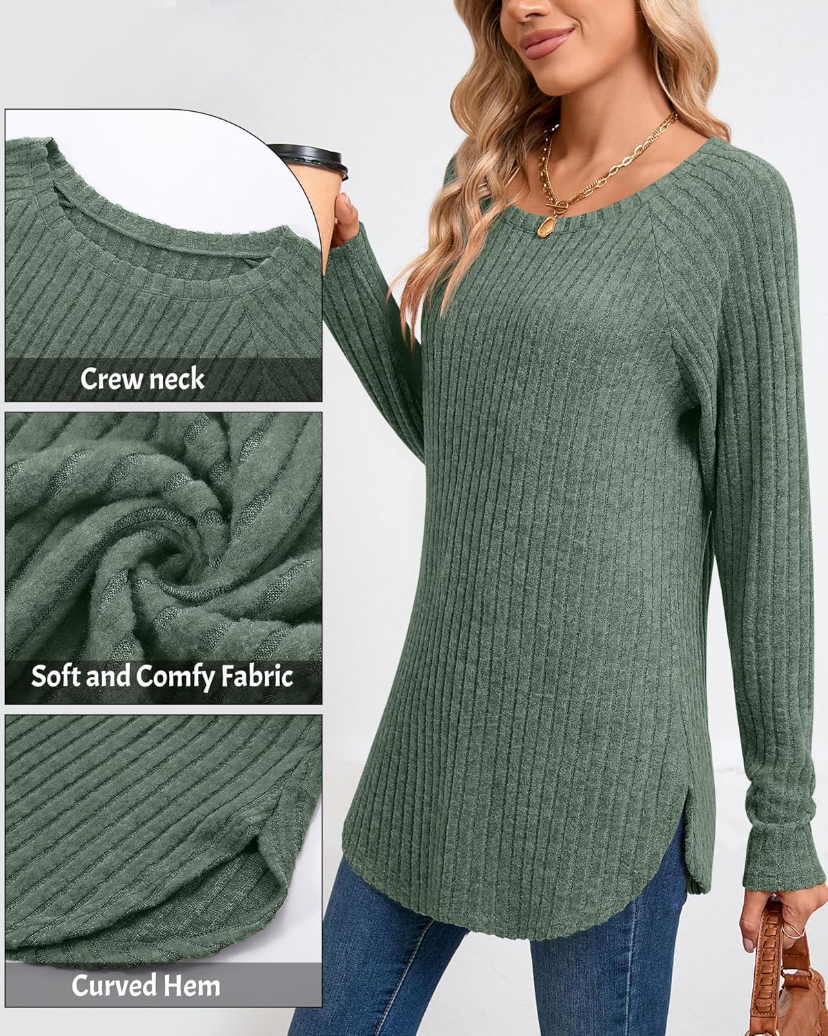 Ficerd 3 Pack Women's Curved Hem Long Sleeve Sweaters, Side Split Crew Neck Tunic Tops Loose Fit Shirts Basic Pullover
