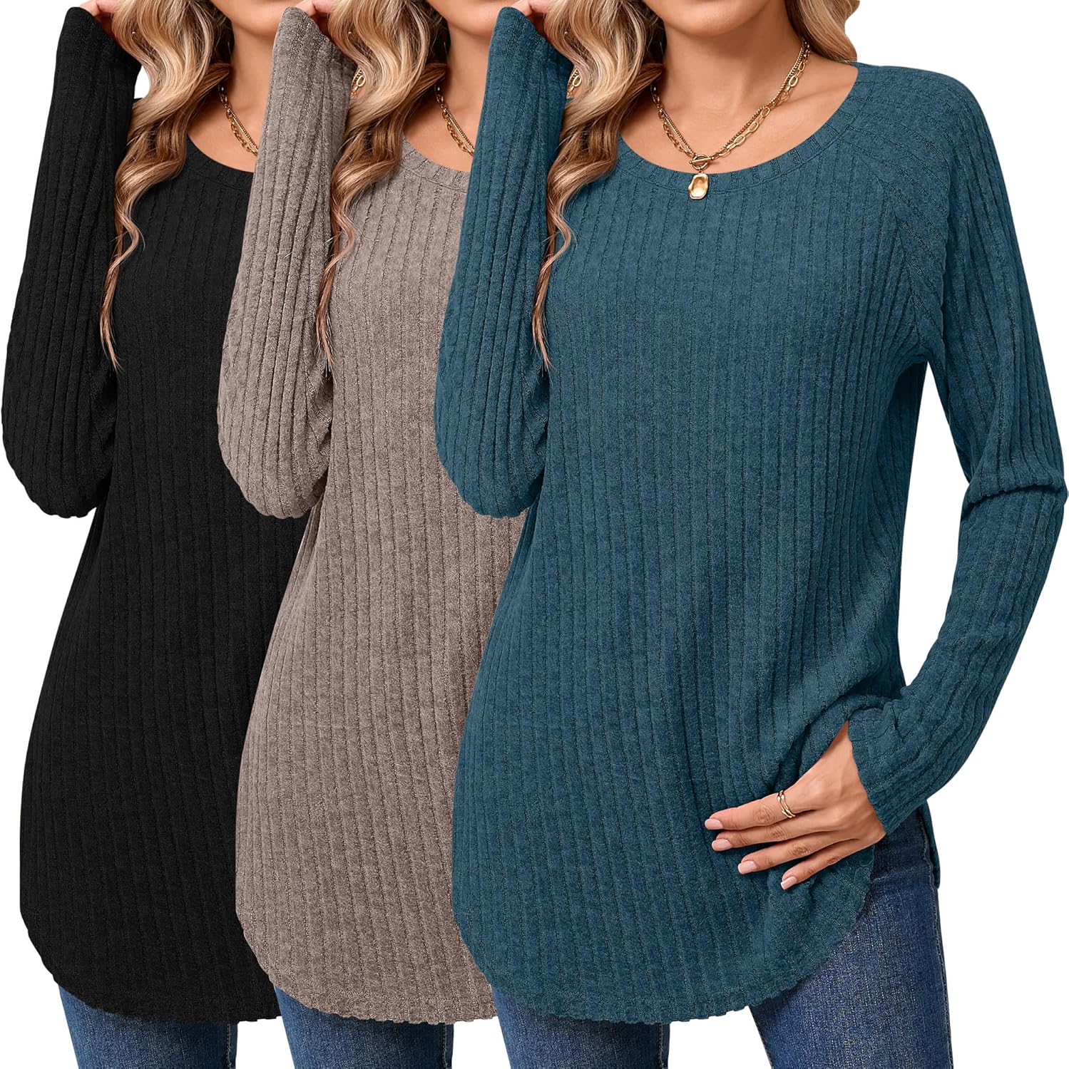 Ficerd 3 Pack Women's Curved Hem Long Sleeve Sweaters, Side Split Crew Neck Tunic Tops Loose Fit Shirts Basic Pullover