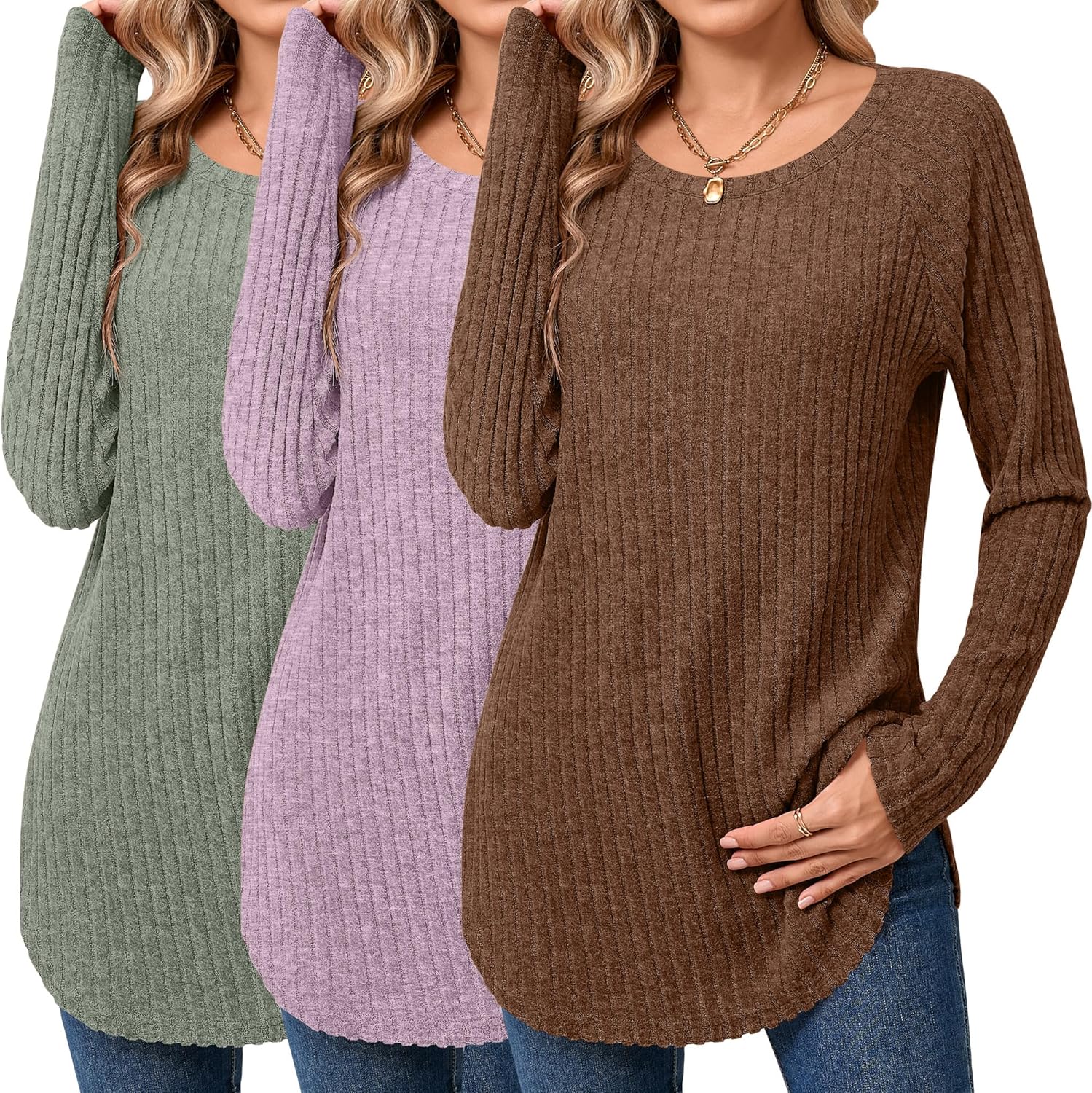 Ficerd 3 Pack Women's Curved Hem Long Sleeve Sweaters, Side Split Crew Neck Tunic Tops Loose Fit Shirts Basic Pullover