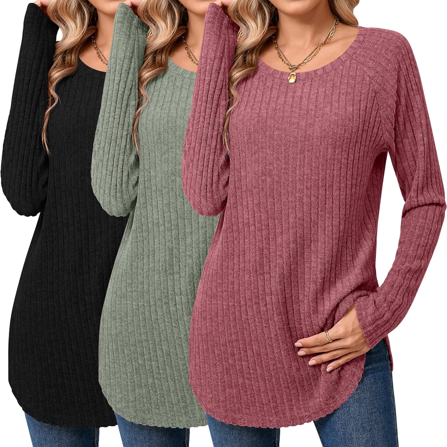 Ficerd 3 Pack Women's Curved Hem Long Sleeve Sweaters, Side Split Crew Neck Tunic Tops Loose Fit Shirts Basic Pullover