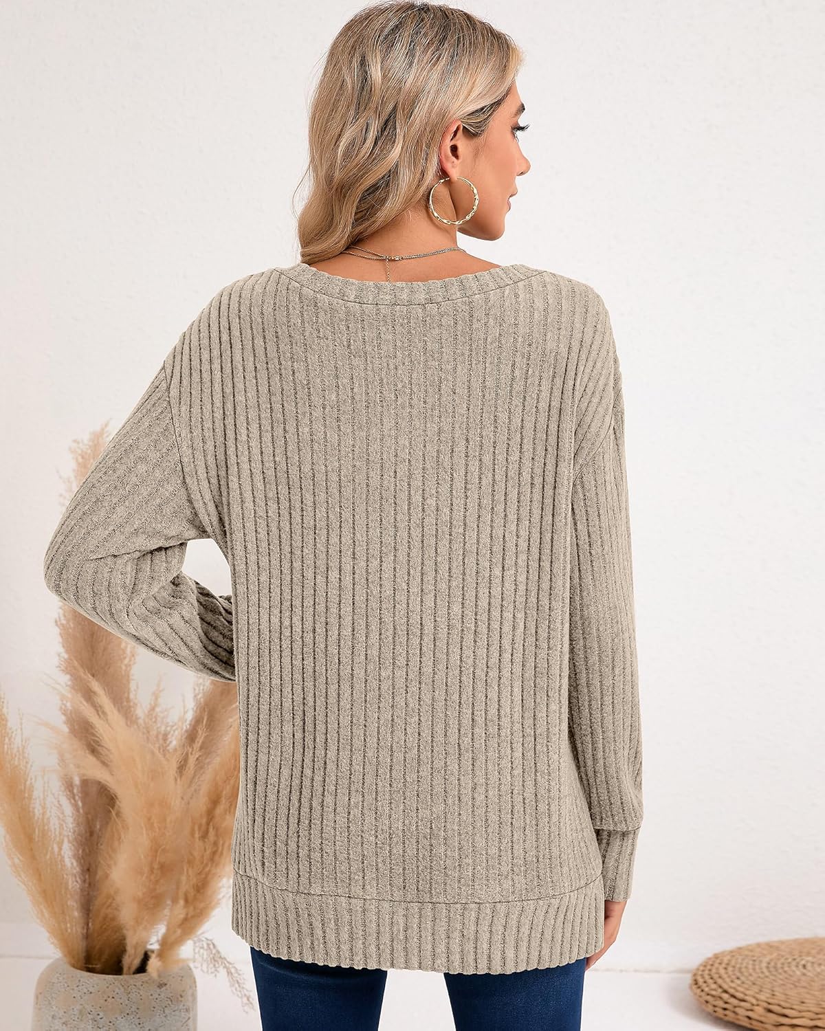 Ficerd 2 Pack Women's Long Sleeve Sweaters, Lightweight V Neck Tops Loose Pullover Sweaters Causal Tunictops 2025 Trendy