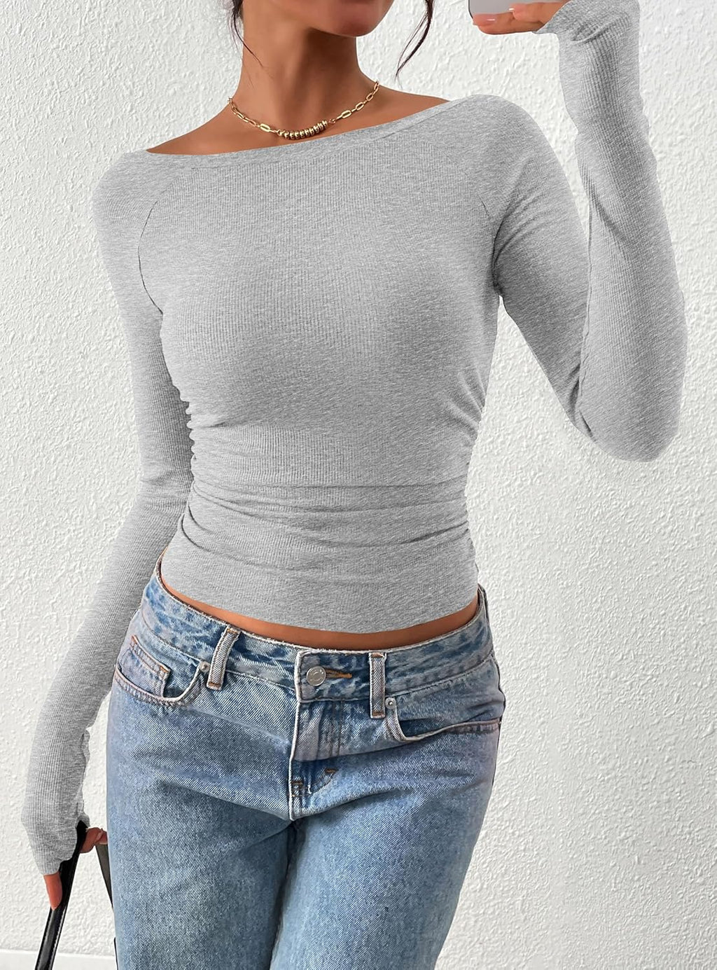 PRETTYGARDEN Long Sleeve Shirts for Women 2025 Fall Ruched Sides Boat Neck Basic Tee Casual Fitted Ribbed Knit Crop Tops