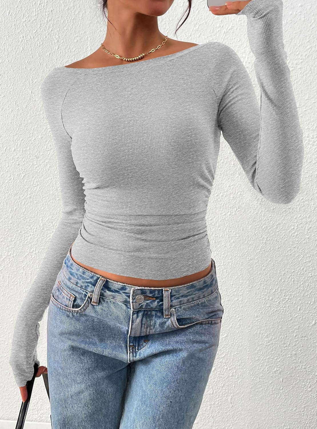 PRETTYGARDEN Long Sleeve Shirts for Women 2025 Fall Ruched Sides Boat Neck Basic Tee Casual Fitted Ribbed Knit Crop Tops