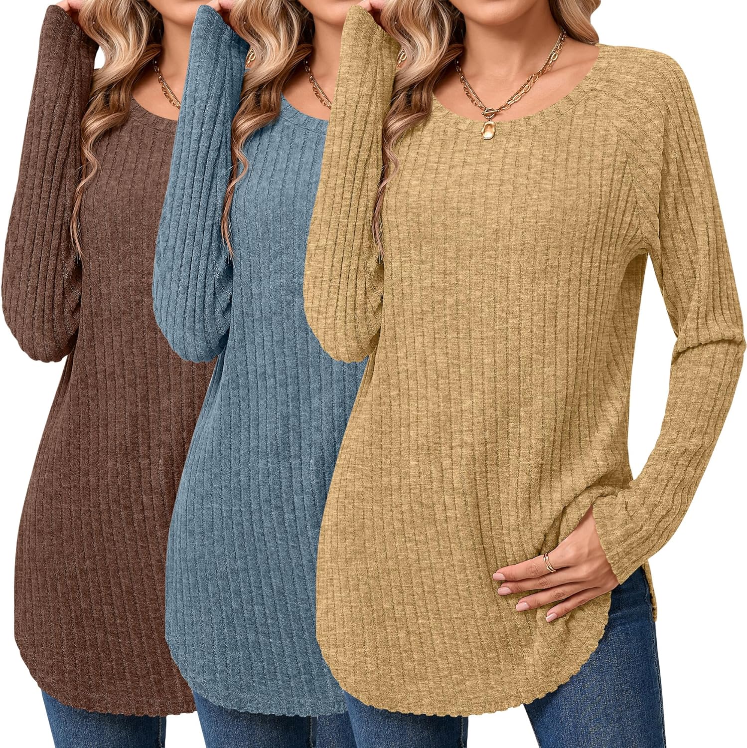 Ficerd 3 Pack Women's Curved Hem Long Sleeve Sweaters, Side Split Crew Neck Tunic Tops Loose Fit Shirts Basic Pullover