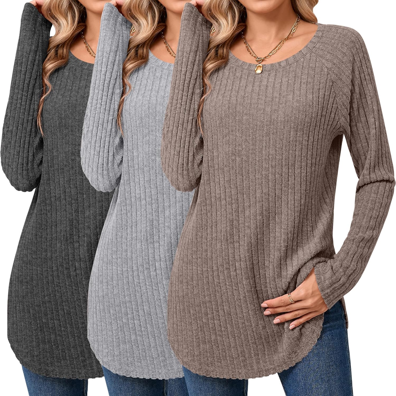 Ficerd 3 Pack Women's Curved Hem Long Sleeve Sweaters, Side Split Crew Neck Tunic Tops Loose Fit Shirts Basic Pullover