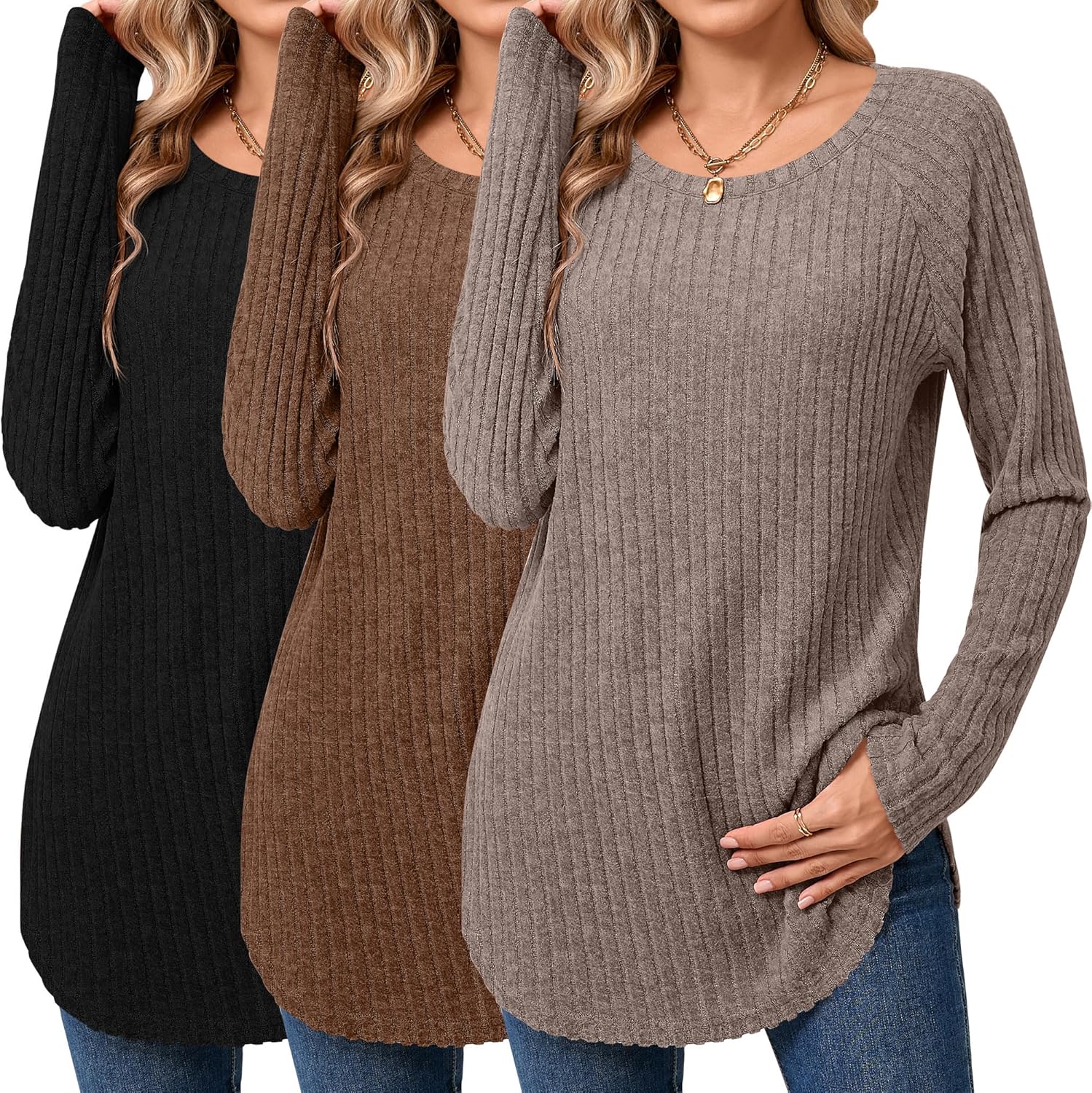 Ficerd 3 Pack Women's Curved Hem Long Sleeve Sweaters, Side Split Crew Neck Tunic Tops Loose Fit Shirts Basic Pullover